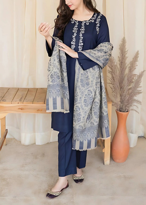 DHANAK-3PC EMBROIDERED SHIRT WITH DIGITAL PRINTED WOOL SHAWL SF-105