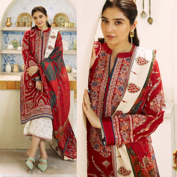 Dhanak-3PC Embroidered Shirt With Digital Printed Wool Shawl  SF-107