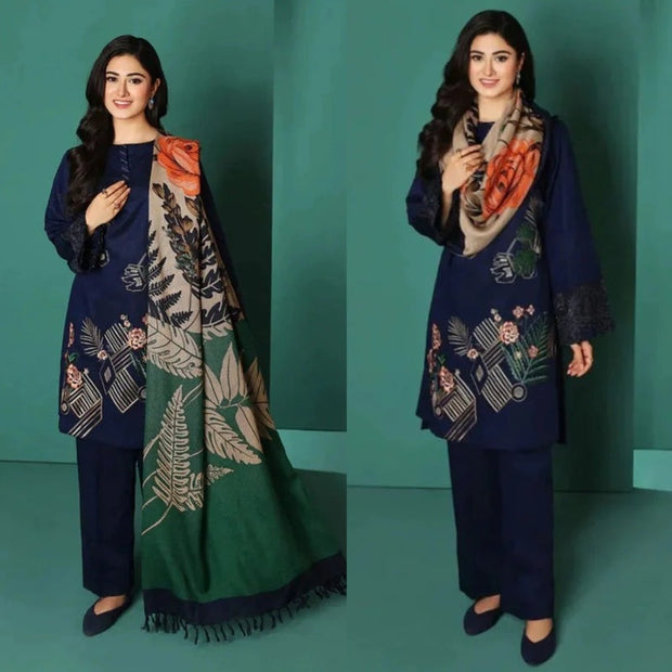 Dhanak 3PC Embroidered Shirt With Digital printed wool shawl SF-135