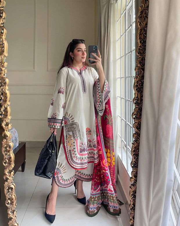 Dhanak 3PC Embroidered With Digital Printed Wool Shawl SF-144