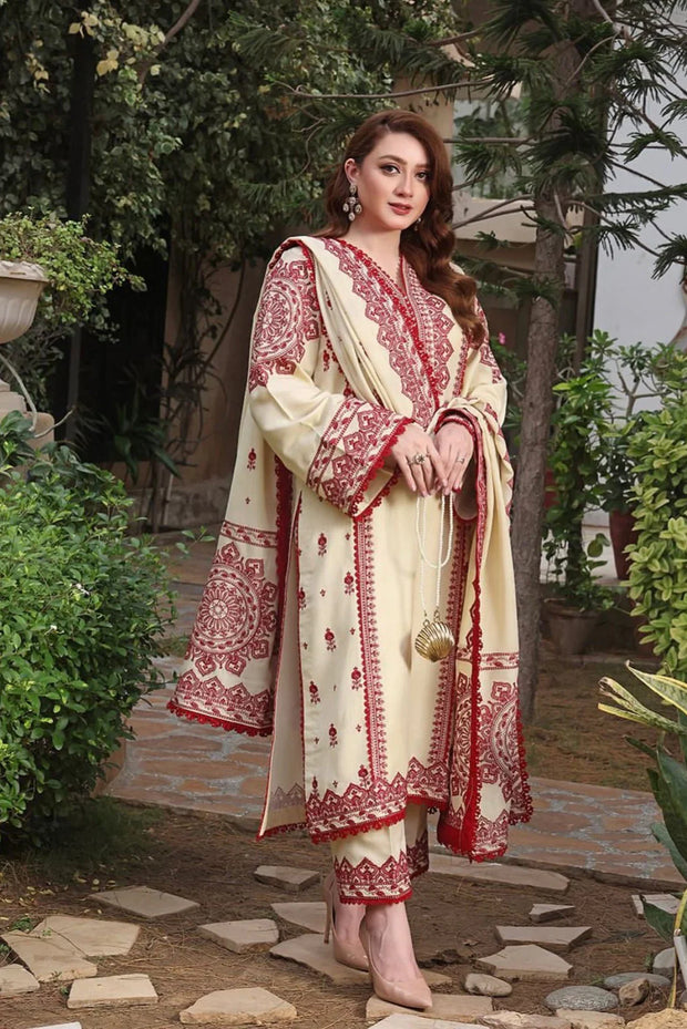 3PC DHANAK EMBROIDERED SHIRT WITH DHANAK EMB SHAWL AND TROUSER DN-2004
