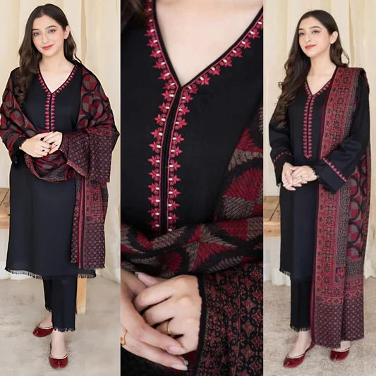 DHANAK-3PC EMBROIDERED SHIRT WITH DIGITAL PRINTED WOOL SHAWL SF-103