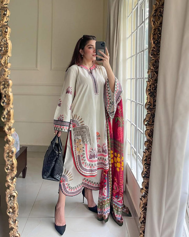Dhanak 3PC Embroidered With Digital Printed Wool Shawl SF-144