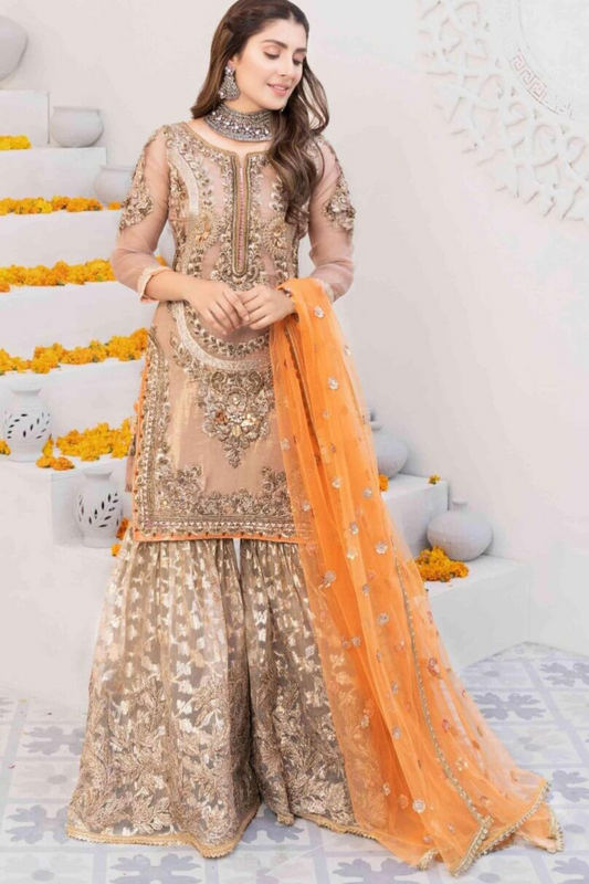 EMBROIDERED 3PC SILK  DRESS WITH CHIFFON EMBROIDERED DUPATTA  IR5037