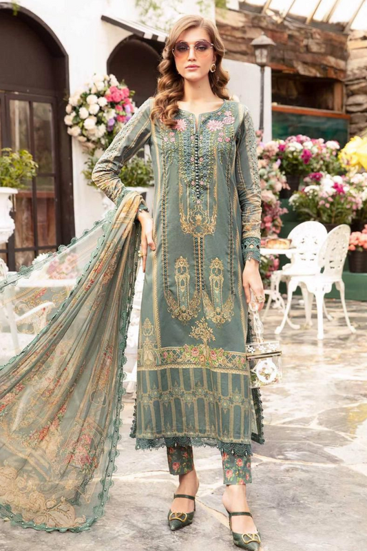 EMBROIDERED 3PC SILK  DRESS WITH CHIFFON EMBROIDERED DUPATTA  IR5005